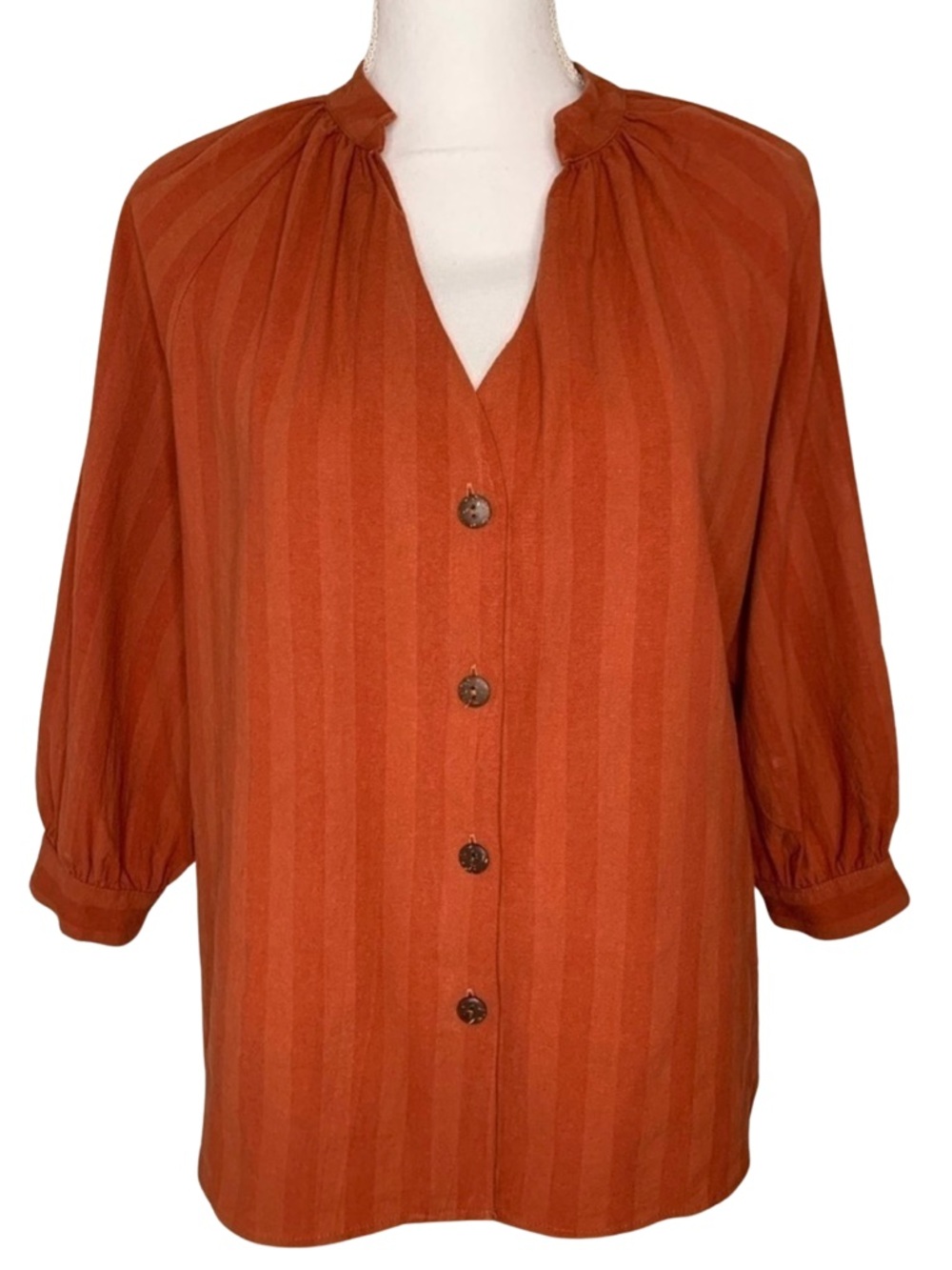 Ellison Boho Top Blouse Stripe Button Down 3/4 Sleeve Linen Cotton Women Medium‎